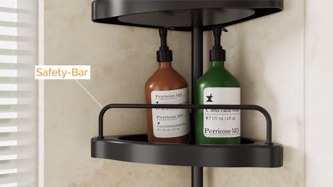 HAMITOR Corner Shower Caddy Tension Pole: Adjustable Stainless Steel Shower Organizer 4 Tier Shelf for Bathroom Bathtub Shampoo - Floor Standing Rack Bath Storage Holder with Rust Proof Rods - Black