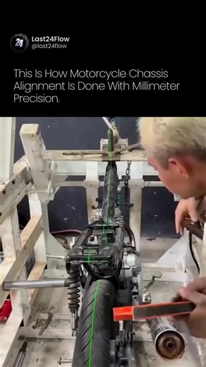 Last24flow on Instagram: "How Motorcycle Chassis Alignment Achieves Millimeter Precision Motorcycle chassis alignment is one of the most critical yet least understood processes in two-wheel engineering. Even a single degree of misalignment can dramatically affect handling, stability, tire wear, braking performance, and rider safety. That is why professional technicians rely on laser-guided centerlines, precision jigs, and controlled mechanical leverage to restore a motorcycle’s factory geometry.