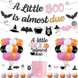 K KUMEED Pink Orange Halloween Baby Shower Decorations, A Little Boo is Almost Due Banner,Cute Ghost Baby's Bottle Cake Topper and Latex Balloons for Girls Little Boo Summerween Party Decorations