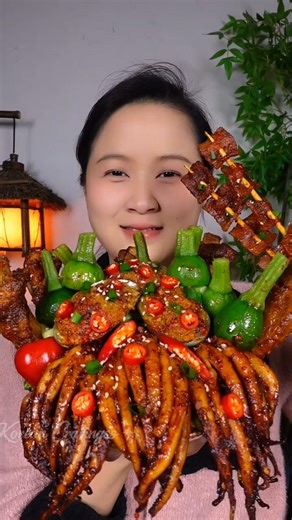 Spicy Baby Octopus & Skewers Mukbang | Korean Seafood ASMR #koreanfood #eting #shortsvideo #asmr