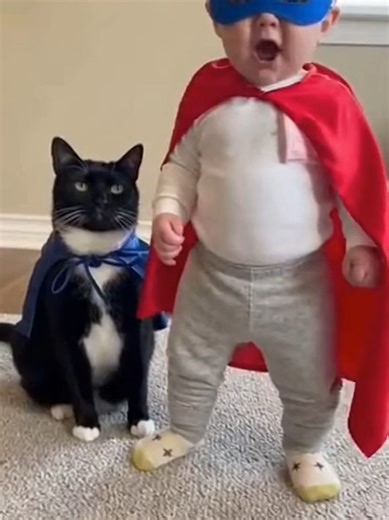 Baby hero, cat partner 😂🦸‍♂️🐱 #babyandcat #funnybaby #cuteanimals #catandbaby #superherobaby #funnycat #cutecostume #viralreel #tiktokcute #petandbaby #babycatvibes #cutevideo #funnyreels