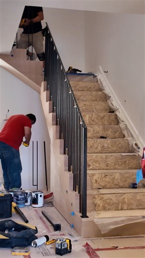 Installing a custom staircase with metal railing and pickets the right way. #torontorenovation