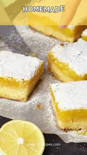 🍋 Homemade Lemon Bars These bright and buttery lemon bars are a true classic! A crisp, buttery shortbread crust holds a silky lemon filling that’s perfectly sweet and tangy. Dust them with powdered sugar, and you’ve got a refreshing treat for any occasion. 🧈 Ingredients For the Crust: 1 cup butter, softened ½ cup granulated sugar 2 cups all-purpose flour ¼ teaspoon salt For the Lemon Filling: 1½ cups granulated sugar ⅓ cup all-purpose flour 4 large eggs ⅔ cup fresh lemon juice (about 3–4 lemon