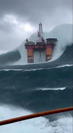 Offshore Oil Rig Surrounded by Violent North Sea Seas