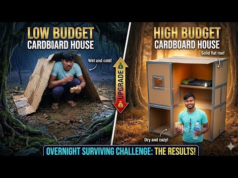 Low budget vs high budget cardboard house || overnight surviving challenge