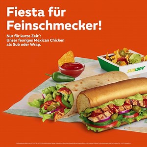 Ihr seid richtige Mexiko-Fans? Dann holt euch unser Mexican Chicken Sub oder Wrap zusammen mit einer Nacho Box - jetzt für kurze Zeit in deinem Subway® Shop*. | Subway Deutschland