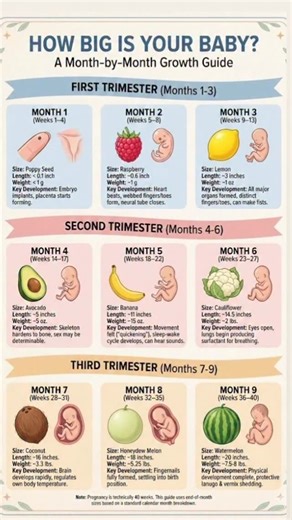 CutieBump on Instagram: "How big is your baby? 🤰✨ A month-by-month growth guide • Month 1–2: As tiny as a seed, but growing fast • Month 3: About the size of a lime • Month 4: Like an avocado • Month 5: Around the size of a banana • Month 6: As big as an ear of corn • Month 7: About a cauliflower • Month 8: Similar to a pumpkin • Month 9: Ready to meet you 🤍 Every month brings changes, questions, and emotions. If you want to stay organized during pregnancy and feel ready for postpartum, CutieB