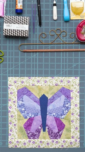 Discover the fun of Foundation Paper Piecing with this new series from Shabby Fabrics! The April project captures the beauty of spring with a beautiful butterfly in sweet florals and lovely batiks, colored in shades of purple, periwinkle, leaf green, and cream. Get the kit and watch the tutorial: https://www.shabbyfabrics.com/p232536 | Shabby Fabrics