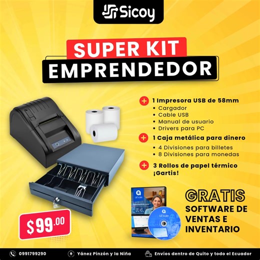 🔥 EMPRENDE FÁCIL Y VENDE COMO UN PRO 🔥 Si tienes un negocio, necesitas el KIT EMPRENDEDOR 🏪📈. ¡Convierte tu emprendimiento en una máquina de ventas con este pack listo para usar! ✅ Incluye: ✔️ Impresora térmica USB 58mm para tus facturas y tickets 📄 ✔️ Caja metálica para dinero con divisiones seguras 💰 ✔️ 3 Rollos de papel térmico GRATIS 🎟️ ✔️ Software de ventas e inventario SIN COSTO - Instalación Gratuita 🖥️ 💲 Todo por solo $99 📍 Envíos a todo el país. 💬 Escríbenos y empieza a factu