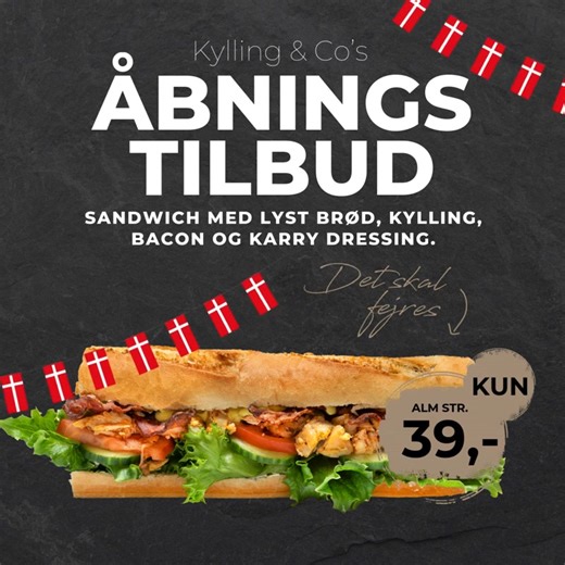 𝐍𝐞𝐝𝐭æ𝐥𝐥𝐢𝐧𝐠𝐞𝐧 𝐞𝐫 𝐢 𝐠𝐚𝐧𝐠! ⏳ På torsdag slår vi dørene op – og det skal selvfølgelig fejres 🎉 Det gør vi med et knivskarpt åbnings tilbud, som I ikke vil gå glip af 👀 🥪 𝐕𝐨𝐫𝐞𝐬 𝐬𝐢𝐠𝐧𝐚𝐭𝐮𝐫 𝐬𝐚𝐧𝐝𝐰𝐢𝐜𝐡 Lyst brød med kylling, bacon og karrydressing 👉 Kun 39 kr. 📅 Tilbuddet gælder hele ugen ud, så der er rig mulighed for at kigge forbi – måske mere end én gang 😍 Vi glæder os helt vildt til at byde jer velkommen 🙌 👉 Følg med her – der kommer meget mere! | Kylling 