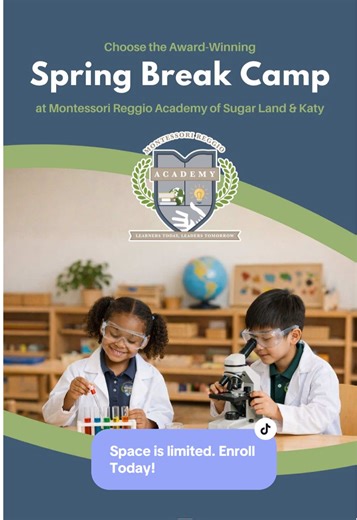 Give your child a spring break that’s not just fun, but meaningful, enriching, and ahead of the curve. At Montessori Reggio Academy, our award-winning Spring Break Camp, voted Best in Houston, is designed to care for your child while you work and help them grow academically, socially, and emotionally through continued, high-quality learning. Instead of losing momentum while schools are closed, your child stays engaged with our Montessori, Reggio Emilia, and Cambridge-inspired approach, blending 