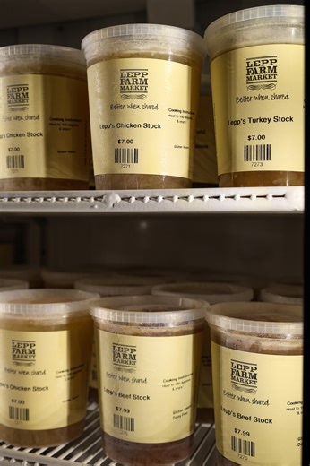 Our stocks are made in-house using Lepp-raised beef and chicken bones, local produce, spices, and herbs to create a rich broth that can be used in your favorite recipes! 🍲 The stocks are simmered overnight in the soup kettle. In the morning, they're strained and portioned for guests to take home or use in our homemade soups! You can pick up our 1L containers of chicken or turkey stock for $7 or a 1L of beef stock for $7.99. | Lepp Farm Market