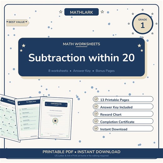 Grade 1 Math Worksheets Subtraction Within 20 | Practice Drills Printable PDF - Etsy