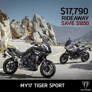 9.7K views · 78 reactions | Perfectly suited to hitting the twisties and longer touring at your leisure with a pillion the Triumph Tiger Sport has you covered. 1050cc Triple engine, ABS, Cruise Control and switchable traction and right now MY17 models are just $17,790 Rideaway - save $1250. See your local Triumph Dealer for full details and to organise a test-ride. Offer ends Sep 30. #triumphaus #triumphtigersport1050 #triumphtouring | Triumph Motorcycles Australia | Facebook
