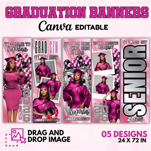 05 Graduation Banner Canva Templates, Pink Graduation Templates, Class of 2026, Grad Backdrops, Grad Standees, Graduation Party Celebration - Etsy