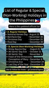 List of Regular & Special (Non-Working) Holidays in the Philippines! Plan your vacations, long weekends, and rest days early! #Philippines #Holidays #longweekend #filipinoculture #holiday #savethedates #fbreels2025ツ #fypシ゚viralシfypシ゚viralシalシ #fypシ゚ #NationalHeroesDay #Bonifacio #Christmas #Rizal #NinoyAquino #allsaints #christmaseve #lastdayoftheyear | Careers Filipino