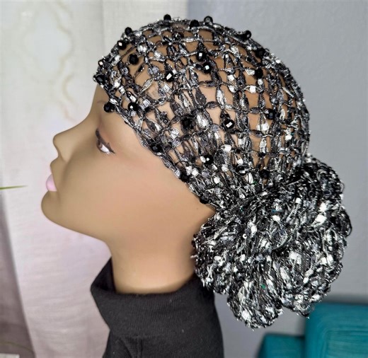 Beaded Sequin Head Wrap - Handmade With Silky Lace & Silver Sparkles (black, Silver) “ritzy” - Etsy