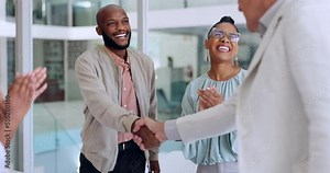 Handshake, business people and team clapping hands for onboarding, collaboration or partnership success. Happy, celebration and employees shaking hands with an applause to celebrate in the office.
