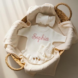 Personalized Knit Baby Romper Set, Embroidered Name Outfit - Etsy