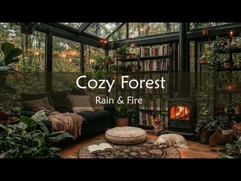 1 Hour Cozy Forest Cabin🌿🔥| Rain Sounds,Fireplace & Soft Piano for Study,Sleep & Relax