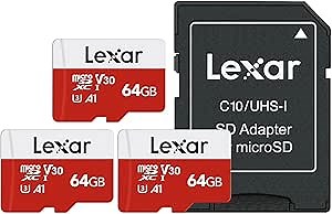 Lexar E-Series 64GB Micro SD Card 3 Pack, microSDXC UHS-I Flash Memory Card with Adapter, 100MB/s, C10, U3, A1, V30, Full HD, 4K UHD, High Speed TF Card