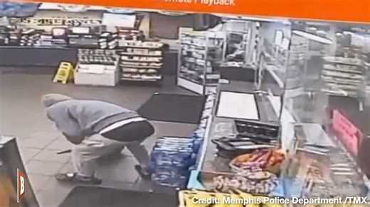 A thief wearing a hoodie and pajamas dove through the opening of the counter to steal cash from the cash register, in Memphis, TN, on May 13. | Breitbart