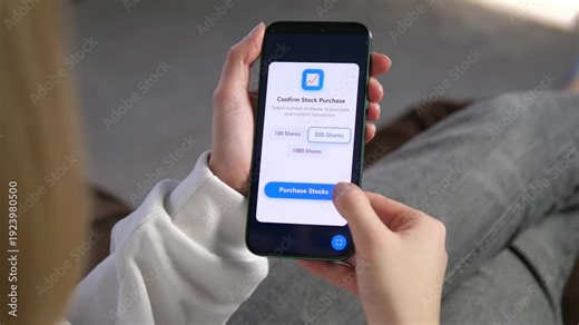 Woman uses mobile trading app to confirm stock purchase at home. Selecting shares, processing transaction and successful investment notification on screen. Modern fintech, online banking and digital