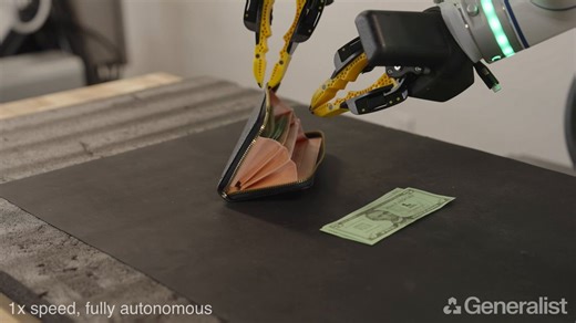 This is GEN-1 putting paper bills into a wallet.Paper has always been deceptively hard for robots.Thin, deformable, and unforgiving—it bends, folds, and slips.Not precise, you miss. Too much force, you crumple.Easy for humans. But for robots, it’s a full-stack challenge.