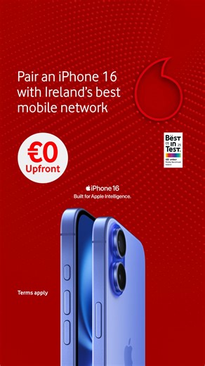 BIG NEWS! Get Ireland's best mobile network with an iPhone 16 and pay NOTHING upfront! What are you waiting for? Switch now and start saving today! | Vodafone Ireland