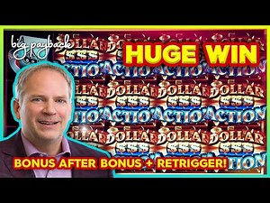 $1000 HUGE WIN in 6 Minutes! INCREDIBLE RETRIGGER on Dollar Action Slots!