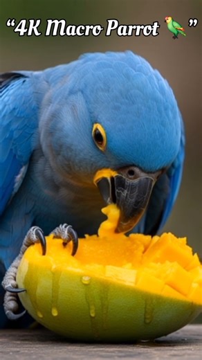 Blue Parrot Eating Mango in 4K Macro | Super Close-Up Shot 🦜🥭