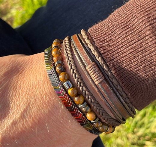 Men’s Natural Stone Beaded and Leather Bracelets Set of 3, Gemstone Hematite, Tiger Eye Beads, Leather Bracelet, Christmas, Birthday Gift - Etsy