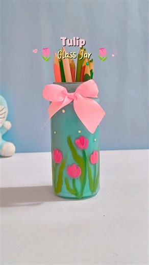 Glass Jar ➡️ Tulip Bottle decor 🌷♻️⋆˚꩜｡ Trash to Treasure DIY 💕 #diy #craft #shorts
