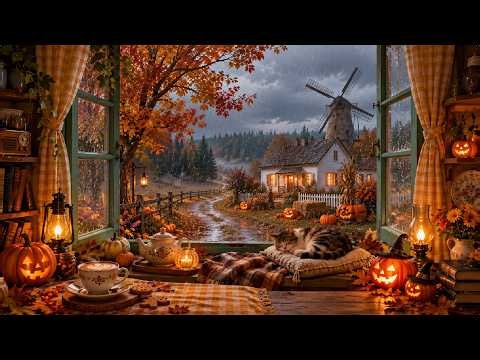 🎃🐱 Cozy Halloween Farmhouse | Rainy Window, Warm Fireplace, Sleeping Cat & Autumn Ambience