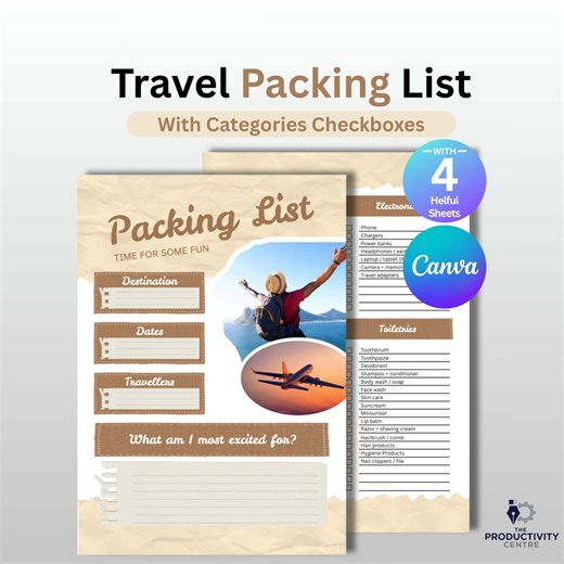 Travel Packing List Printable, Vacation Planner Checklist, Editable Canva Template, Travel Organizer, Carry on Checklist, Trip Planner PDF - Etsy