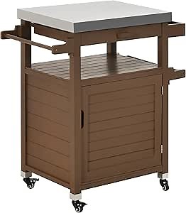 YITAHOME Outdoor Grill Cart with Stainless Steel Top, Solid Wood Outdoor Oven Pizza Table with Drawer, Movable Kitchen Island and Bar Cart for Garden Balcony Porch, Brown