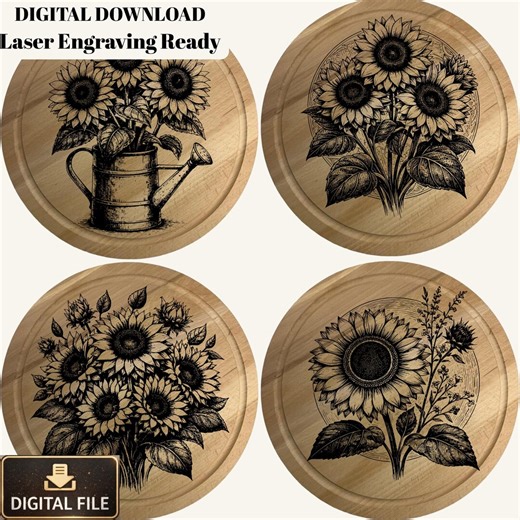 4 Sunflower Wood Engraving SVG PNG Bundle | Vintage Floral Laser Cut Designs | Rustic Sunflower Art | CNC Laser Files - Etsy