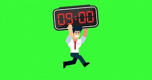 Businessman Running with Digital Clock on Green Screen Background Representing Time Pressure and Morning Rush