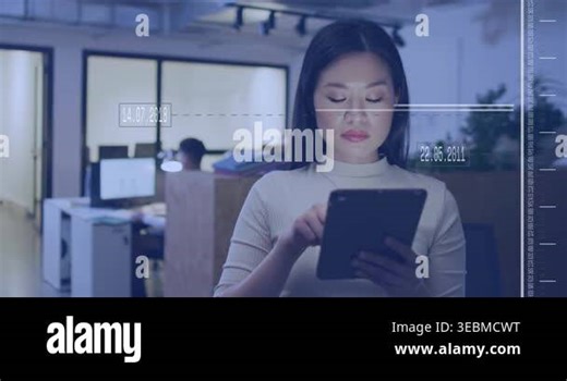Animation of interface with data processing against asian woman using digital tablet at office. Computer interface and business technology concept Stock Video Footage - Alamy