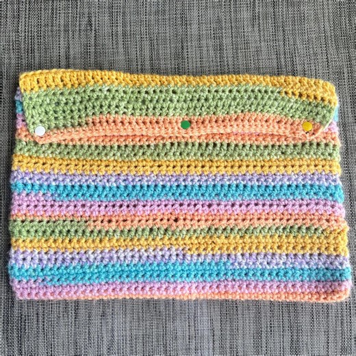 Crochet Laptop Sleeve | Handmade Case with Snap Closure | Pastel Striped MacBook Cover