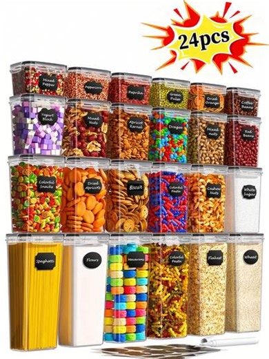 24/16/8/4pcs Airtight Food Storage Containers (With Lids), Transparent Plastic Kitchen Storage Boxes, Stackable Dry Food Canisters With Labels And Markers, Leak-Proof Cereal And Grain Storage Containers, Suitable For Storing Flour, Sugar, Pasta, Rice, Spices, Snacks, Microwave And Freezer | SHEIN