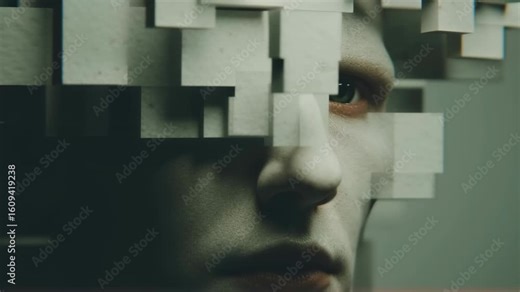 Man's face disintegrating into blocks. Surreal 3D animation of identity loss. Psychological concept of fragmentation, memory loss, and mental health issues.
