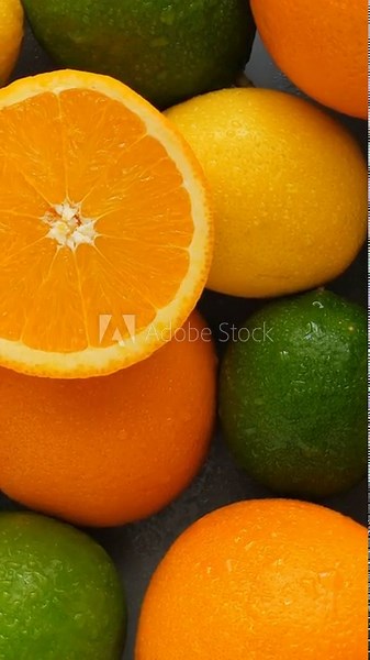 citrus fruit background, a lot of lemon, oranges and limes. Rotate. Vertical footage Stock Video