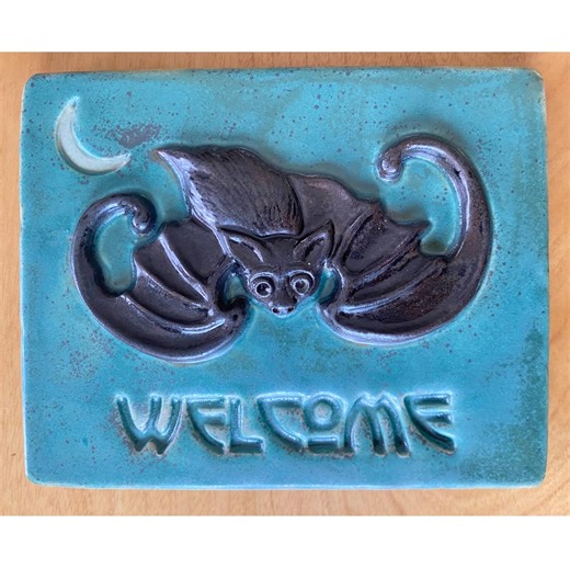 Bat Welcome Tile - Handmade Ceramic - Craftsman Style Tile - 4.75" X 6" - Aqua and Black Glazes - Ravenstone - Etsy