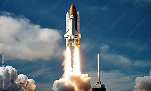 Space shuttle launching from the launchpad, leaving a trail of smoke and fire.