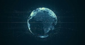 Digital data globe - abstract 3D rendering of a scientific technology data network surrounding planet earth conveying connectivity, complexity and data flood of modern digital age