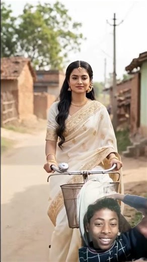 A beautiful girl calmly riding her bicycle on a village road.Two boys on a bike tease her