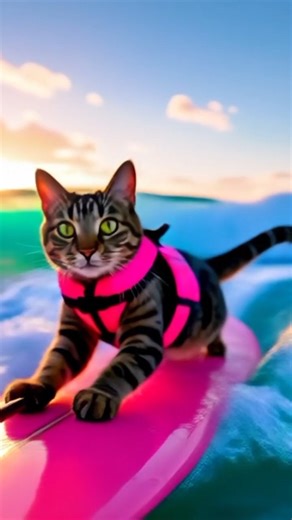 🌊 Epic Tabby Cat Surfing at Sunset 🐱🏄‍♂️ | POV Selfie Stick Surfboard! 😲