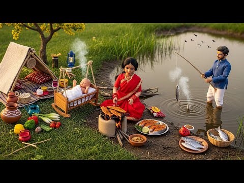 Miniature Doll Cooking Masala Fish | Lakeside Tiny Village Kitchen Vlog