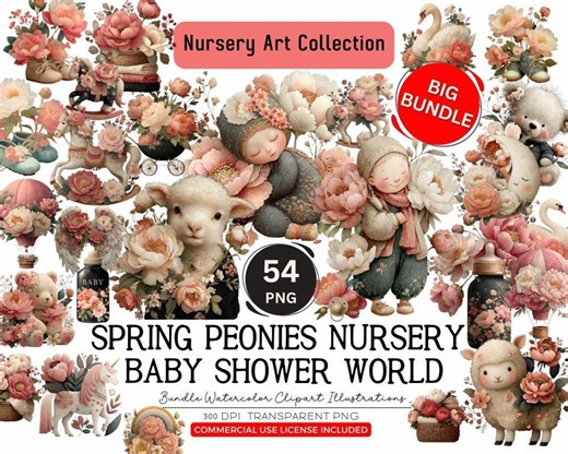 Spring Peonies Nursery Cliparts Set – 54 Hand Painted Baby Shower Elements, Pink & Beige Watercolor Graphics Bundle - Etsy